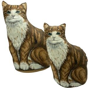 Vintage Set of 2‎ Brown Tabby Cat Shaped Pillows Cat Kitten Granny Chic cottage